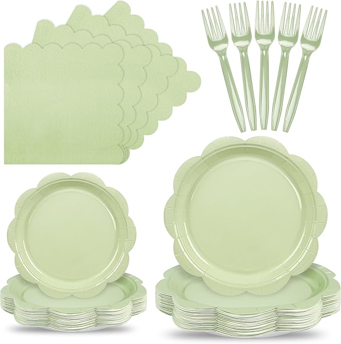 96 Pcs Sage Green Paper Plates and Napkins Set Party Supplies, Tableware set for 24 Guest include Disposable Sage Green Scalloped Plates, Napkins and Forks for Baby Shower Bridal Shower Wedding