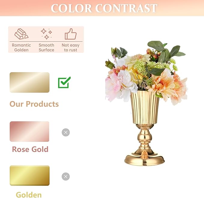 10Pcs Gold Vase Centerpiece Table Decorations - Metal Tabletop Flower Stand, Wedding Decorations for Reception, 10.7in Trumpet Tall Flower Vase for Birthday, Weddings, Anniversary Ceremony, Home Decor