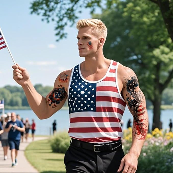 Independence Day Temporary Tattoo, 4th of July Patriotic Sleeve Tattoo, USA Flag Fake Tattoos, Red White and Blue Party Supplies, Veterans Day, Memorial Day, Summer Festivals