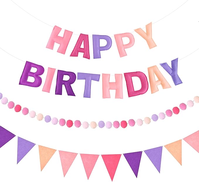 CANREVEL Pre-Strung 3D Happy Birthday Banner, 3 PCS Pink and Purple Happy Birthday Felt Garland, Pom Pom Garland, Triangle Fabric Bunting, Reusable Purple and Pink Decorations for Girls Women