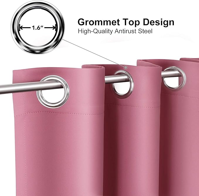 ChrisDowa Blackout Curtains 90 Inches Long for Living Room, Grommet Thermal Insulated Room Darkening Curtains for Bedroom (1 Panel Set, Pink, 52W x 90L)