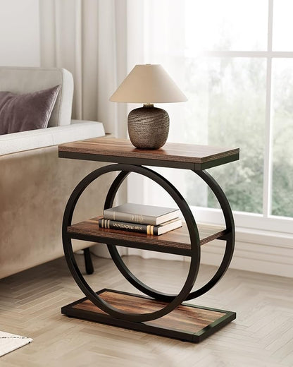 LITTLE TREE End Table Set 2, Side Table with 3 Tiers Shelves, Slim Sofa Side Table for Living Room, Tall Bedside Table Nightstand for Bedroom, Rustic Brown and Black
