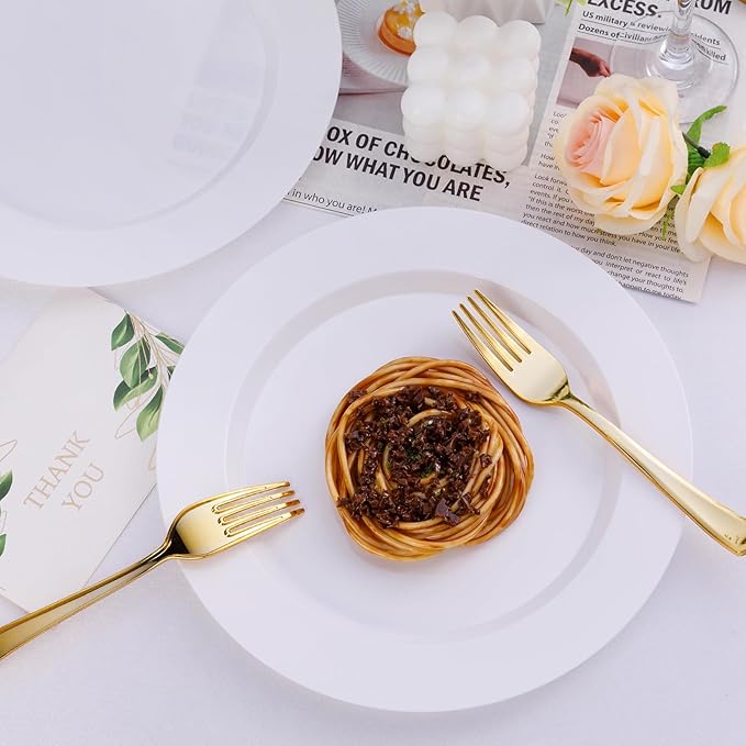 100PCS White Plastic Plates, White Disposable Plates for 50 Guests, 50 Dinner Plates 10.25 inch and 50 Dessert/Salad Plates 7.5 inch for Party, Graduation, Wedding