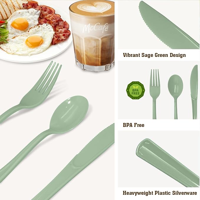 150 PCS Sage Green Plastic Silverware Heavy Duty Green Silverware Disposable Include 50 Disposable Plastic Forks, 50 Knives, 50 Spoons for Birthday, Baby Shower, Picnic, Spring Party, Wedding