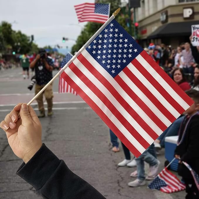 24Pack 8x12 Inch American Flags on Stick, US Flag, 4th of July Decorations, Hand Held Flags With Kid-Safe Spear Top, Polyester Full Color Tear-Resistant Flag