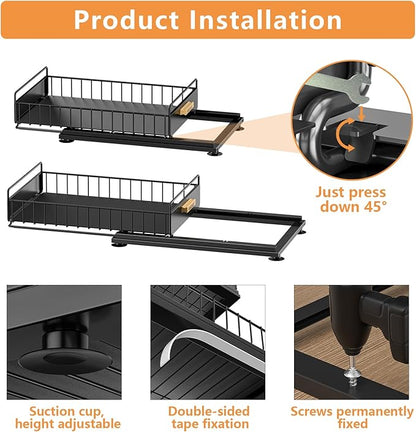 Under Sink Organizer, Single Tier Metal Pull Out Sliding Drawer Shelf for Kitchen Bathroom Cabinet Storage, Sturdy Rack – Black