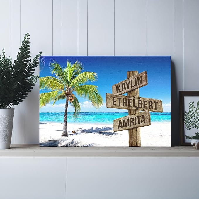 DemCanvas Custom Family Names on Rustic Directional Sign Housewarming & Customized Names Decor, Custom Wooden Signs Family Canvas, Ocean and Coconut Tree, Street Sign Canvas