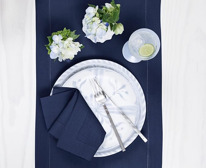 Solino Home Navy Blue Linen Napkins Set of 6-100% Pure Linen Hemstitch Dinner Napkins 20 x 20 Inch for Fall, Autumn, Christmas, Holiday, Winter, New Year - Classic Hemstitch