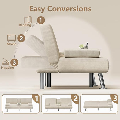 Flamaker Futon Sofa Bed Corduroy Folding Couch Adjustable Sleeper Sofa Bed for Small Apartment Upholstered Living Room Furniture Set with 2 Cup Holders Removable Armrests (Corduroy, Beige)
