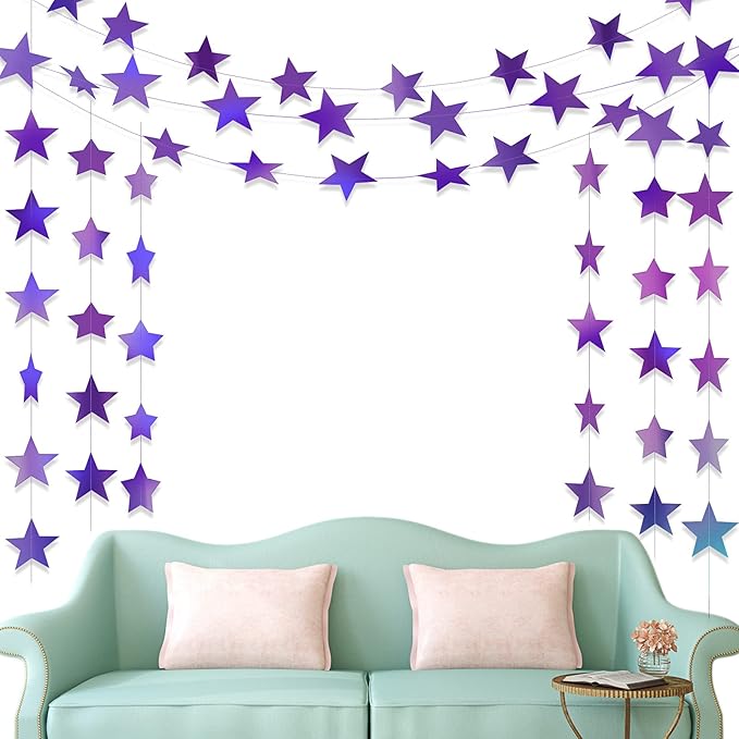 Patelai Glitter Star Garland Banner Christmas Decor 130 Feet Star Hanging Bunting Banner Twinkle Backdrop for Homecoming Classroom Wedding Birthday Halloween Party Supplies(Holographic Purple)