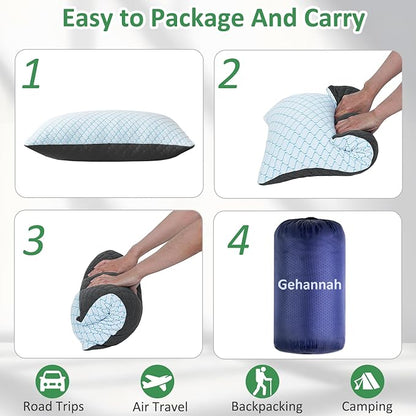 Gehannah Travel Pillow - Compressible Camping Pillow for Sleeping, Shredded Memory Foam Pillow with Storage Bag Compact Supportive (Grey, Large(2 Pack))