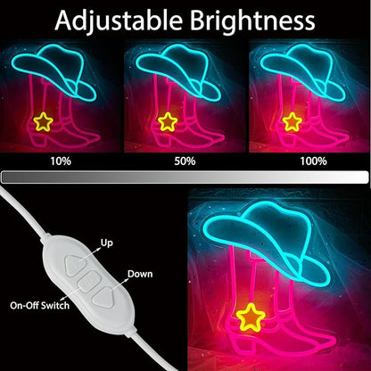 Cowboy Boot Neon Sign, Neon Cowboy Hat Sign,LED Pink Western Cowgirl Boots Neon Lights Sign for Wall Decor, Cowboy Hats Neon Light Up Signs USB Powered for Bedroom Art, Game Room Party, Birthday Party, Christmas