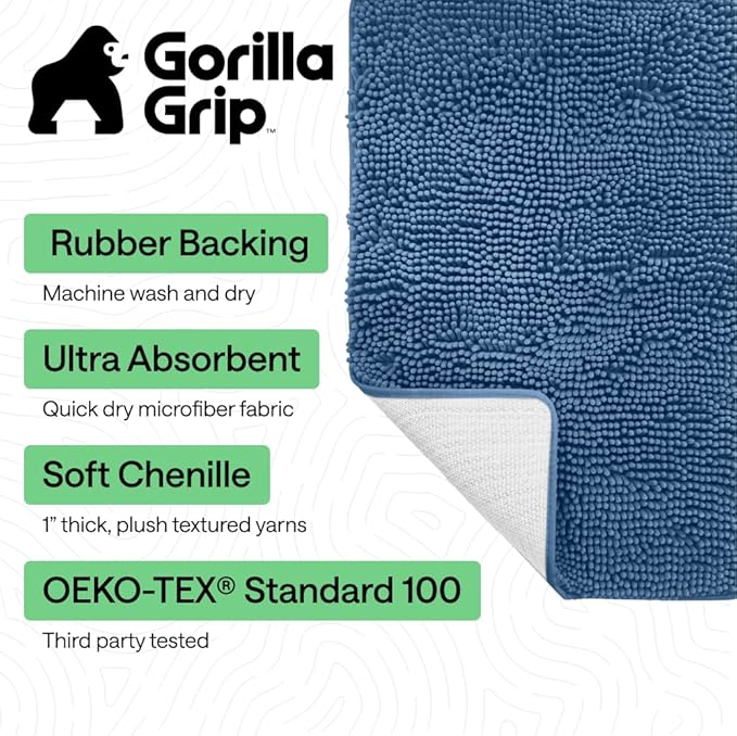 GORILLA GRIP Bath Rug Mat 44x26, Thick Soft Absorbent Chenille, Quick Dry Microfiber Mats, Rubber Backing Washable Shower Floor Rugs, Bathmat Runner, US Designed Bathroom Home Decor Accessories Blue