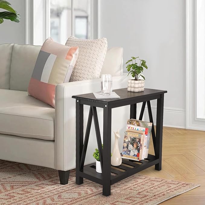 Narrow Side Table with Storage Shelf 2 Tier Wooden Nightstand Bedside Tables for Small Spaces Black Modern Accent Sofa Side Tables for Couch Living Room Bedroom Entryway