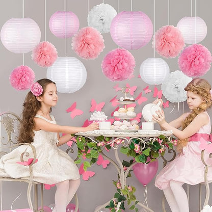 KAXIXI Hanging Party pom pom Set, 15pcs Pink White Paper Flowers Pom Poms Balls and Paper Lanterns for Wedding Birthday Bridal Baby Shower Graduation, LanternPomPom012