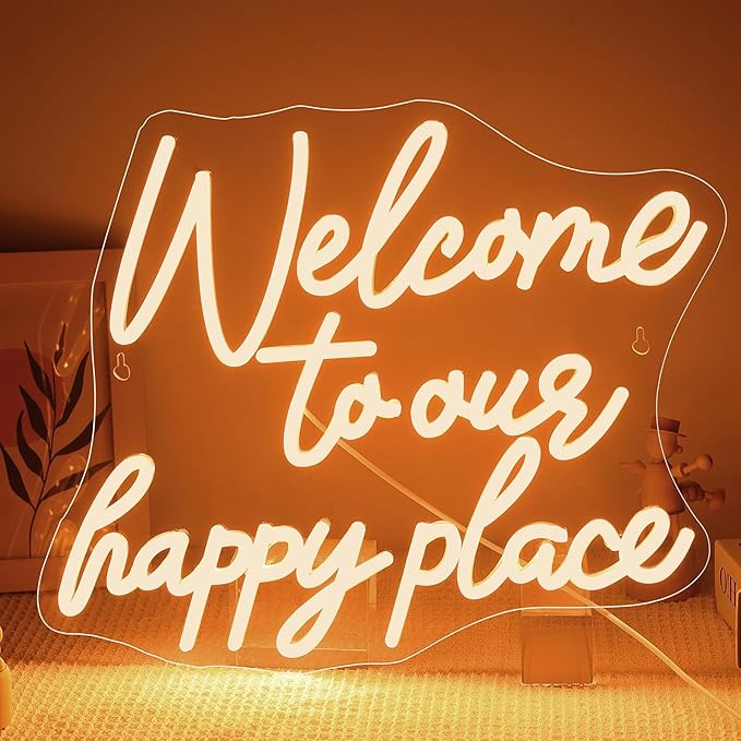 NOSUN WELCOME TO OUR HAPPY PLACE Neon Sign Happy Place Neon Signs for Wall Decor Dimmable Warm White LED Signs for Bedroom Classroom Man Cave Home Bar Birthday Party Game Zone Decor Neon Classroom Sign