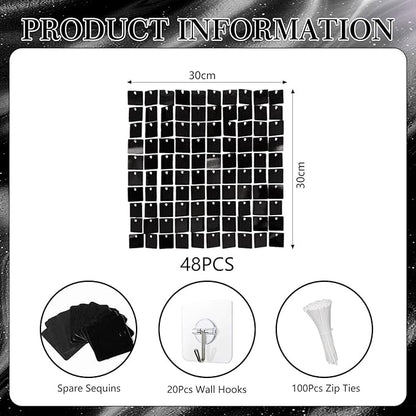 48 PCS Black Shimmer Wall Backdrop, Square Sequin Photo Backdrops Panel, Glitter Wall Background for Birthdays, Weddings, Halloween, Engagements, Disco Bachelorette Party Decoration (6FTx8FT)
