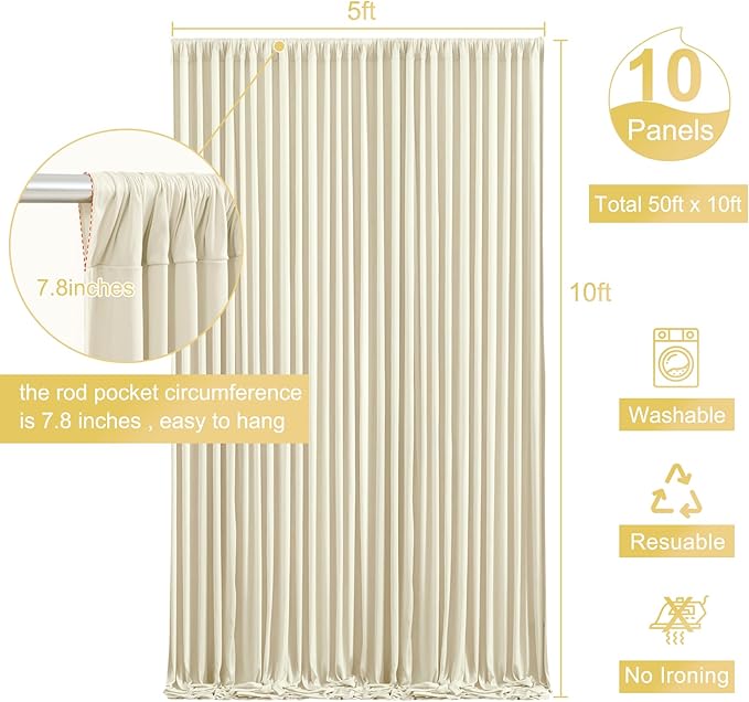 10 Panels Beige Backdrop Curtain for Wedding Parties Wrinkle Free Beige Photo Curtains Backdrop Drapes Fabric Decoration for Baby Shower Photography 50ft(W) x 10ft(H)