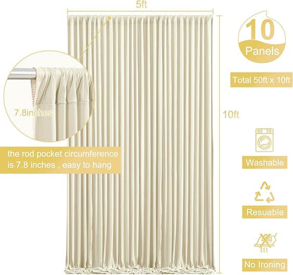 10 Panels Beige Backdrop Curtain for Wedding Parties Wrinkle Free Beige Photo Curtains Backdrop Drapes Fabric Decoration for Baby Shower Photography 50ft(W) x 10ft(H)