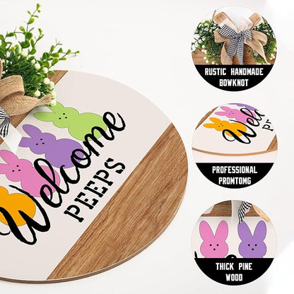Harooni Easter Decorations Welcome Peeps Door Sign, Cute Bunny Easter Wreaths for Front Door Farmhouse Spring Door Hanger Wooden Wreath Sign with Bow Easter Porch Decorations for Home Yard Garden