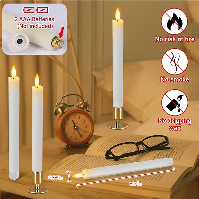 HINZER 6 Pcs Flameless Taper Candles with Remote & Timer 9.6 inch Real Wax Battery Operated LED Warm 3D Wick Flickering Window Candles for Halloween Christmas Wedding Decor, White