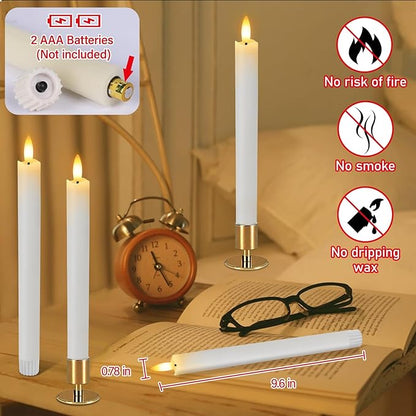 HINZER 6 Pcs Flameless Taper Candles with Remote & Timer 9.6 inch Real Wax Battery Operated LED Warm 3D Wick Flickering Window Candles for Halloween Christmas Wedding Decor, White