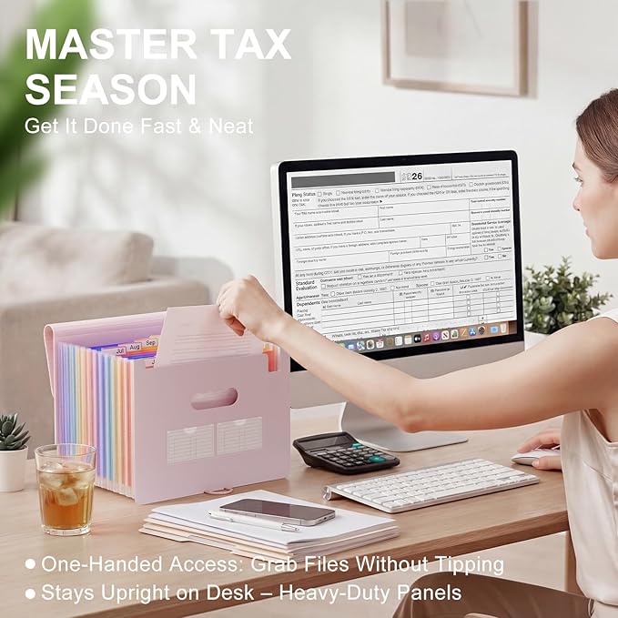 ThinkTex Accordion File Organizer, 12 - Pocket Expanding File Folders for Paper Receipts, Bills & Taxes Organizer, Letter/A4 Size Document Holder for School, Office, Home with tabs-Pinkish Purple