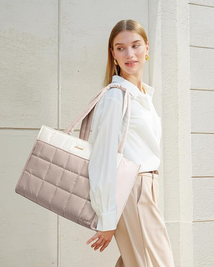 LOVEVOOK Tote Bag for Women, Puffer Work Handbag 15.6 Inch Laptop Purse for Nurse Teacher, Large Quilted Travel Tote Shoulder Bag with Zipper for College Office Clinical Gym,‌ Cream-Blush
