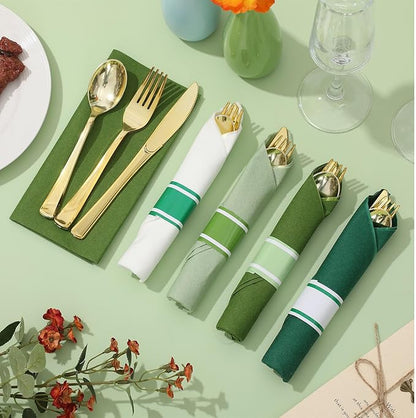 Lasnten 50 Pcs Pre Rolled Sage Green Plastic Silverware Sets for 50 Guest Disposable Plastic Cutlery Set with Napkins for Birthday Wedding Party Supplies