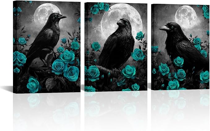LevvArts Crow Canvas Wall Art Gothic Crow with Rose Painting Spooky Pictures Bathroom Bedroom Wall Decor (Teal)