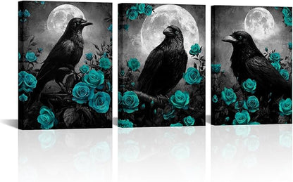 LevvArts Crow Canvas Wall Art Gothic Crow with Rose Painting Spooky Pictures Bathroom Bedroom Wall Decor (Teal)