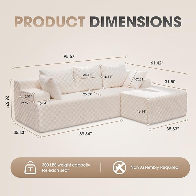 Hobestluk Modular Sectional Sofa Couches L-Shape Couch 3 Seat Modular Sofa Memory Foam Sectional Couches for Living Room, Cloud Couch with Oversized Chaise (96" Right Facing Chaise)
