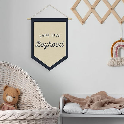 Boys Room Decor, Long Live Boyhood Linen Canvas Banner, Boy Nursery Wall Hanging Pennant Flag Banner for Boys Kids Toddler Room Bedroom Playroom Decor, 15x11in - Navy Blue