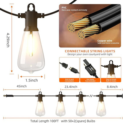Kawaya Outdoor String Lights 100 FT LED Patio Light - 50+2 Shatterproof Vintage Edison Bulbs - 2700K Dimmable IP65 Waterproof Outside Hanging Lighting for Yard Porch Deck Balcony Bistro Cafe Party