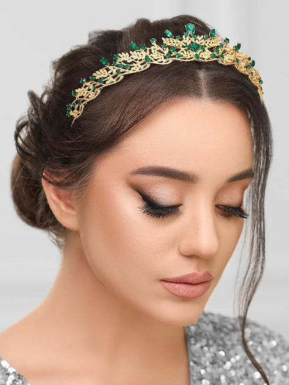 SWEETV Gold Princess Tiaras for Women Girls, Green Queen Crowns Tiaras Adult Headband for Bride Wedding Bridal Birthday Quinceanera Pageant Party Prom,Halloween Costume Cosplay Accessories
