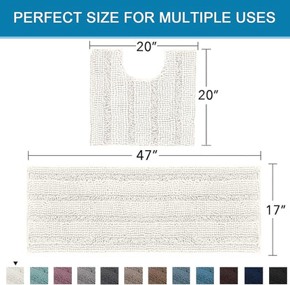 H.VERSAILTEX Bathroom Rugs Bath Rug Set 2 Piece Bathroom Contour Rug Toilet Mat Sets Non Slip Contour Bath Rug Ultra Thick Water Absorbent Striped Bath Mats Washable(47" x 17" Plus 20" x 20" U, Cream)