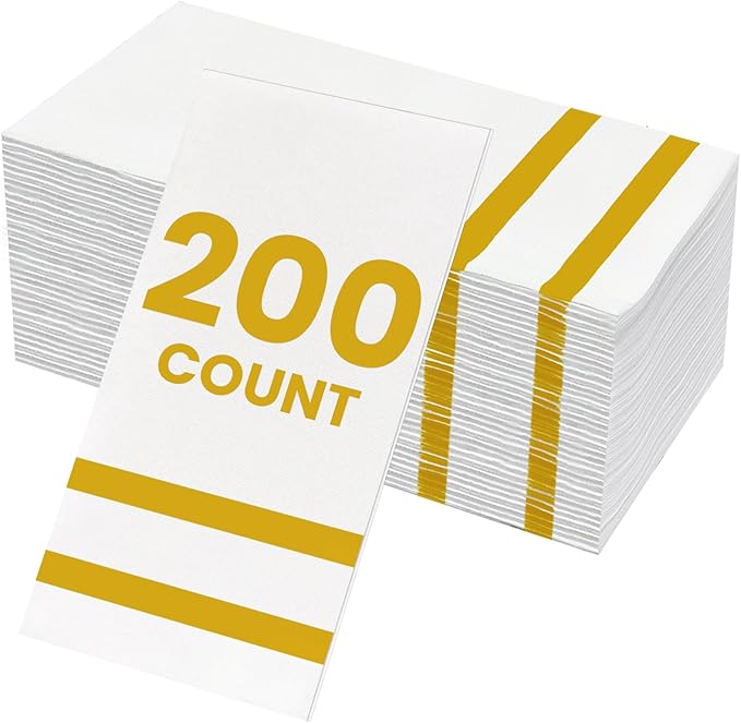 200 Pack Napkins Disposable Guest Towels Linen-Feel Decorative Napkins Soft and Absorbent Dinner Paper Hand Towels for Bathroom Party Powder Room Hotel Fancy Restaurant (200, Gold Line)