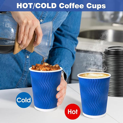 Ginkgo Disposable To Go Coffee Cups with Lids 12 oz 100 Pack, Double Wall Ripple Insulated Blue Paper Cups for Hot Beverage, Chocolate, Cocoa and coffee