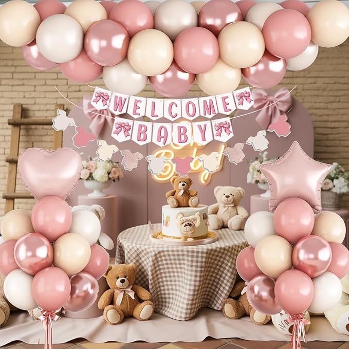 Dusty Pink Baby Shower Decorations Oh Welcome Baby Girls Balloon Set with Star Heart Foil Balloons Bunting Banner Bodysuit Garland Bow Boho Blush Beige Rose Gold White Sand Gender Reveal Party Boys