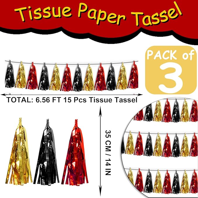 3P Red-Black Gold Tassel Banner Garland Metallic Foil Fringe Banner Tinsel Tassels Streamer Banner Backdrop for Parade Floats, 2025 Graduation Decorations, Baby Bridal Shower Party Decoration