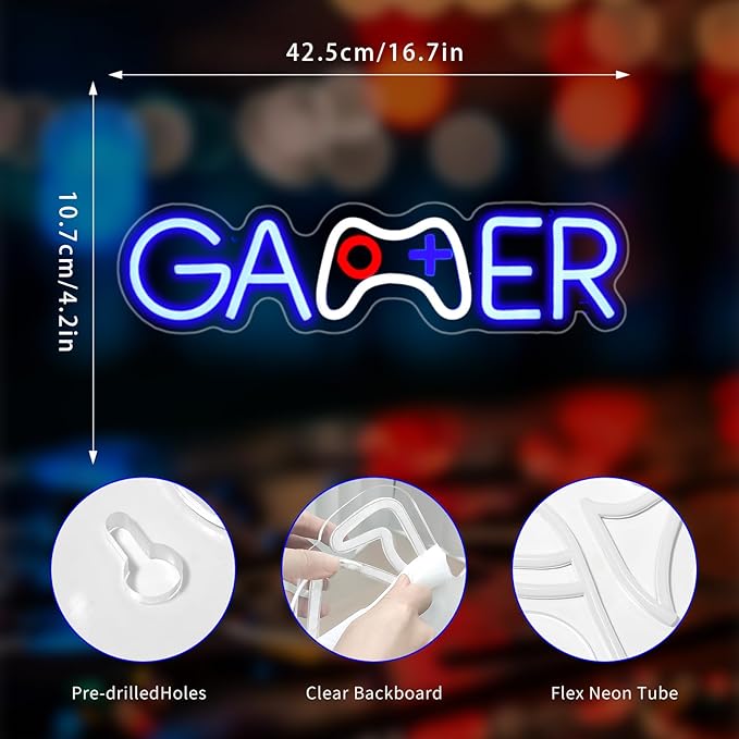 Gamer Neon Sign, Neon Signs for Wall Decor Neon LED Signs Gaming Room Neon Light Up Signs Home Decor for Bedroom Club Party Bar Shop USB Operated