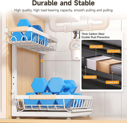 2 Packs Under Sink Organizer, Height Adjustable 3 Tier Under Kitchen Sink Organizer, Multi-Purpose Storage Shelf for Kitchen Bathroom Cabinet (White, Large)