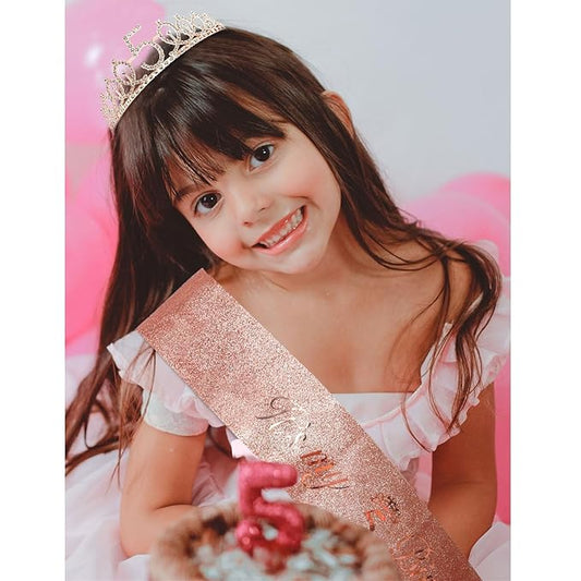 CIEHER 5th Birthday Crown + It's My 5th Birthday Sash + Pearl Pin Set, 5th Birthday Decorations Girl 5th Birthday Gifts for Girls 5 Year Old Birthday Cake Topper, Happy 5th Birthday Party