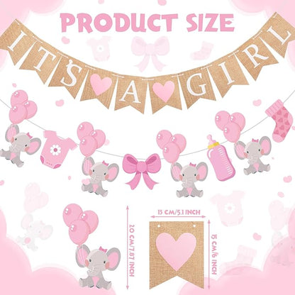 2 Pcs Baby Girl Shower Decorations Pre-Strung It's A Girl Burlap Banner and Elephant Baby Banner for Gender Reveal Birthday Shower Party Decorations