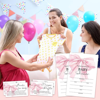 Pink Bow Baby Shower Invitations, Fill-in Invites For Gender Reveal Baby Announcement, Party Favor & Accessories(25 Invitations With Envelopes, 25 Dipaer Raffle Tickets & 25 Book Request Cards)-12