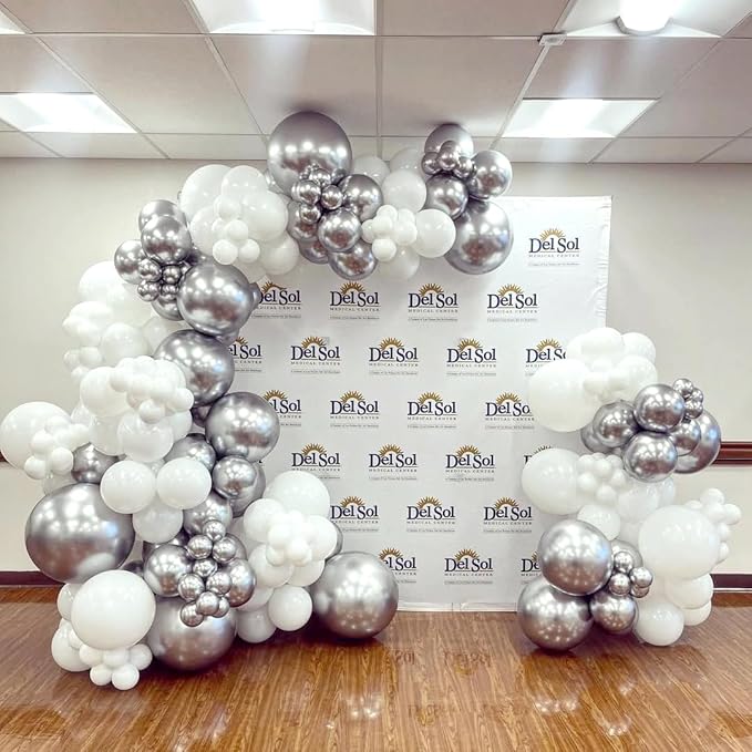 162pcs White and Silver Balloons Arch Kit, Different Sizes White Metallic Silver and Confetti Balloons for Winter Wonderland Wedding Baby Shower Birthday Party Decorations