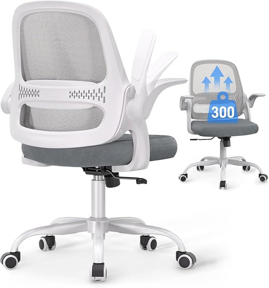 Ergonomic Mesh Office Chair for Home Office, Flip-Up Arms, Breathable Mesh Back & Thick Seat Cushion, Swivel Rolling Computer Desk Chair – BIFMA Certified, Supports 300 lbs (White Frame/Gray Seat)