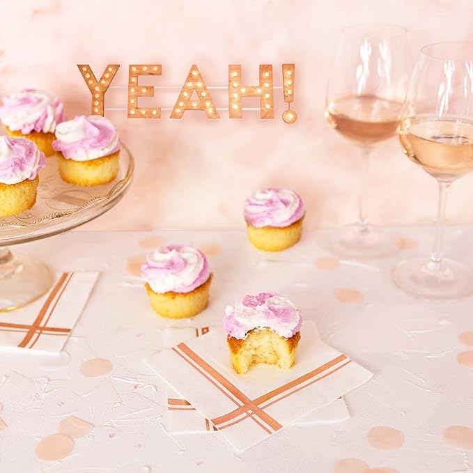 Rose Gold on White Cocktail Napkins - 100 Pack, 5" x 5", 3-Ply Paper - Style Name: Blissful Crossing