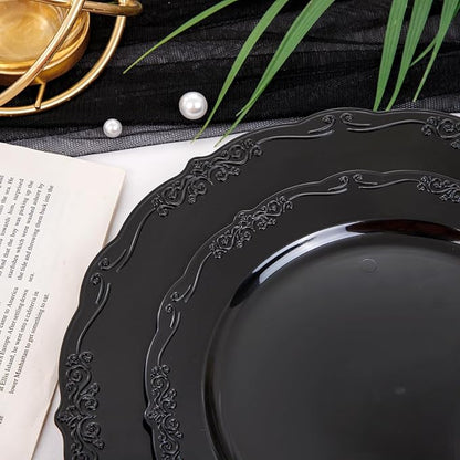 U-QE 100PCS Black Plastic Plates, Heavy Duty Black Disposable Plates Including 50PCS 10'' Dinner Plates & 50PCS 7.5'' Dessert Plate - Hard Plastic Plate for Party Wedding Bridal Shower