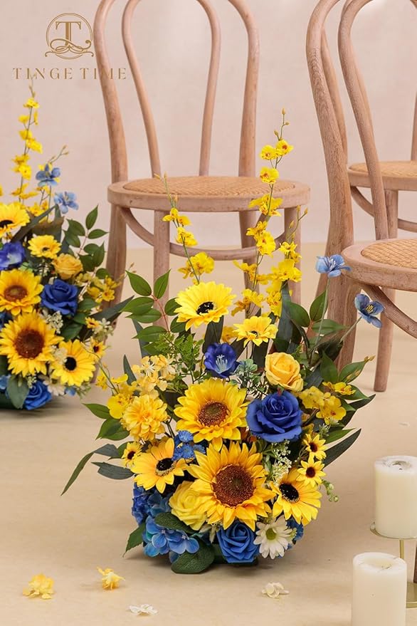 TINGE TIME Free Standing Artificial Sunflower Flowers Set of 2, Wedding Arch Altar Stage Decorations, Silk Fake Flower for Wedding Centerpiece Archway Aisle Welcome Entrance (Sunflower&RoyalBlue)